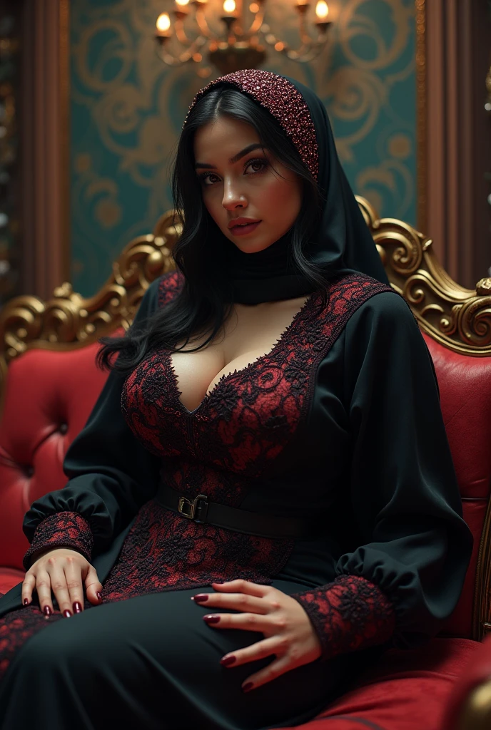 One girl, in an evening glamour red dress, tied in cross, posing sexily, Full-length, half nude, makeup, red lipstick, Ultra detailed face, ultra detailed eyes, ultra detailed clothes, realistic body, beautiful face, intricate details, ultra detailed skin, silk hijab, full body pose, ultra realistic photo, ultra realistic lighting, HDR