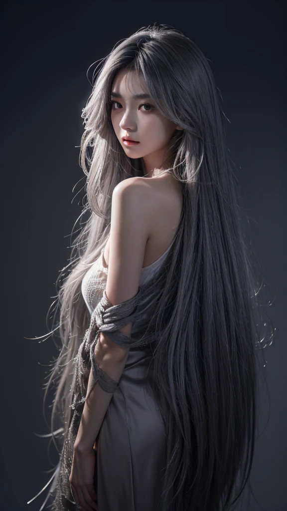 masterpiece, high quality, High resolution, 8k, (alone:1.2), ((One girl)), Japanese women, Detailed face, Detailed eyes, Correct body structure, Upper Body, ((Gray Hair:1.2)), Very long hair, Messy Hair, Slender body, Captivating silhouette, Glowing Bones, Depth of written boundary, Nighttime dark photos, It&#39;s dim, bangs, Cinema Lighting, Tyndall effect, Abstract background, Futuristic costume, Vibrant colors, Modern Style, Wide sleeves, artistic, Unique Pattern, colorful, stylish, trend