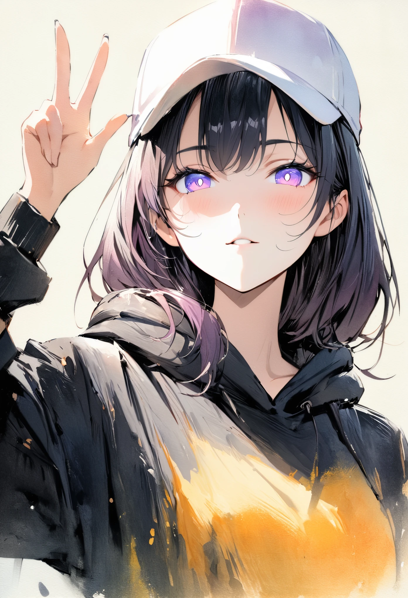 (masterpiece, best quality:1.4), 1 girl, 独奏, watercolor(medium), Anime style, Purple pupils, Blurred eyes, Victory sign, Wears a white cap, Different color emission, Highlights, Natural light, Works by top portrait painters, Upper Body, black background.