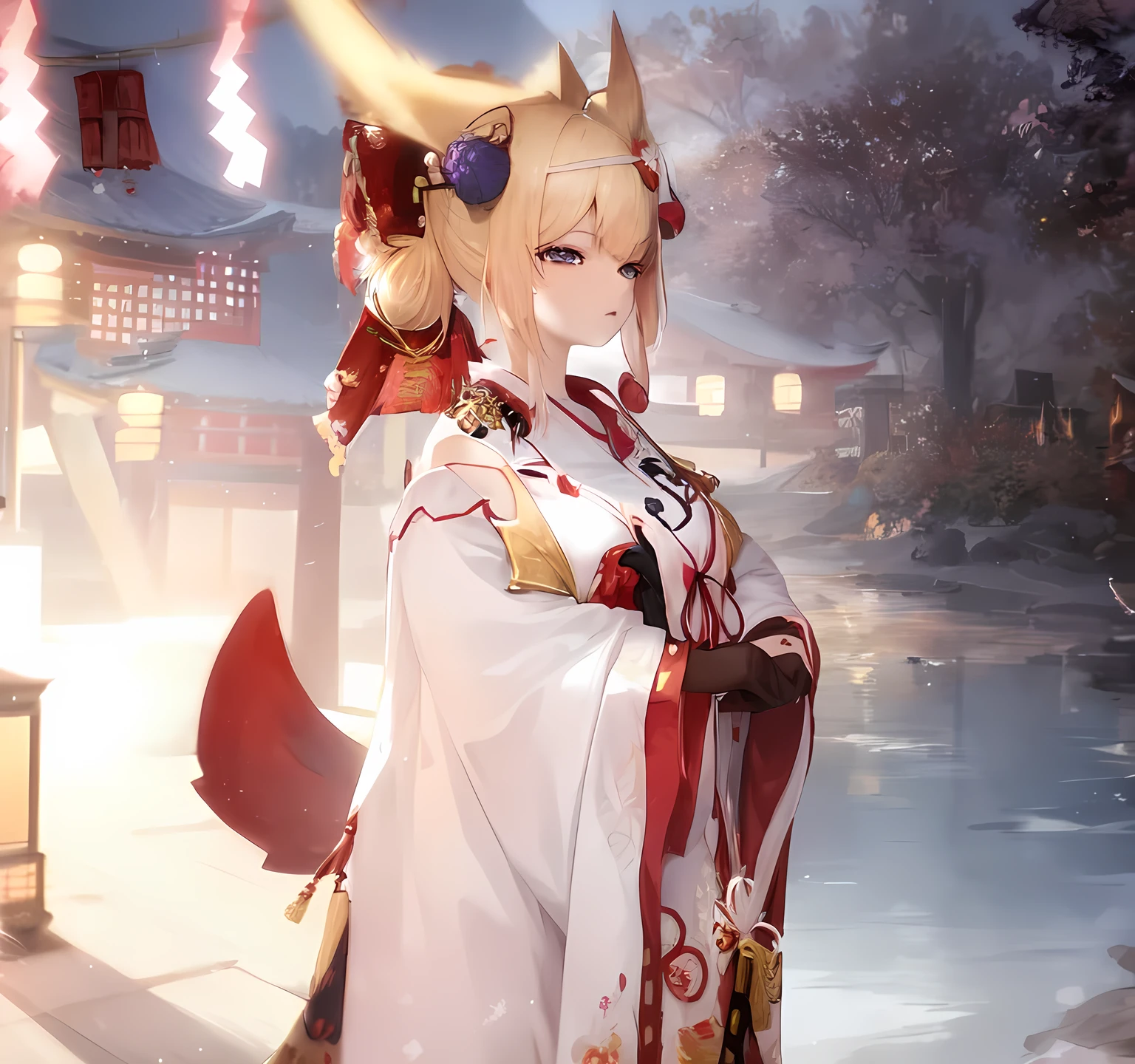 blonde anime girl dressed in traditional japanese dress standing in front of a Shrine, blue eyes, have a cute brown dog ears, in a white kimono, ((wearing aristocrat robe)), kitsune inspired armor, hanayamata, small curvy , genshin, onmyoji, wearing aristocrat robe, anime moe artstyle, vrchat, 8k, render of april, realistic anime 3 d style,