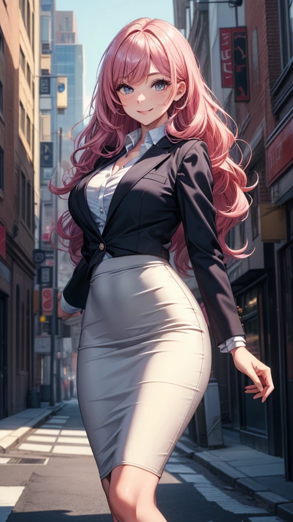 ((masterpiece, best quality, ultra-detailed)), 1girl, beautiful business woman standing in city, smiling, blush, wearing pink blouse and blazer, bracelet, necklace, black midi pencil skirt, black skirt, heels, full body, wavy red hair, wide hips, hand on hip
