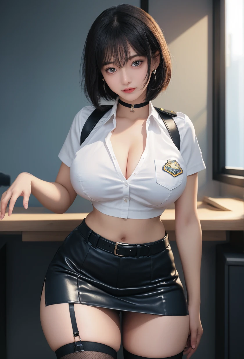 1girl, dressed in a white T-shirt, and on top of an open office blue shirt, (white trousers), ((tactical police uniform)), black shoes, 25 years old, ((beautiful extremely detailed face)), adult face, 8k, (((masterpiece)), (((extremely high resolution))), (UHD))), (realistic), (difficulty 1.4), bright red hair, styled hair, square, short hair, detailed, clear, beautiful, extremely detailed bright yellow eyes, long asymmetrical bangs, thin, slim,