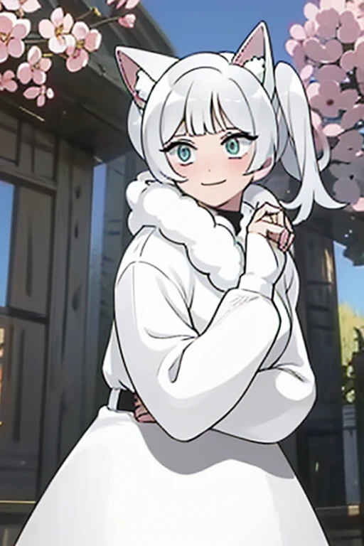 Perfect face. Perfect hands. A young white haired woman with green eyes with white wolf ears and a white wolf tail and an hourglass figure wearing a cool leather dress and a leather jacket blushing while posing underneath a cherry blossom with a big smile