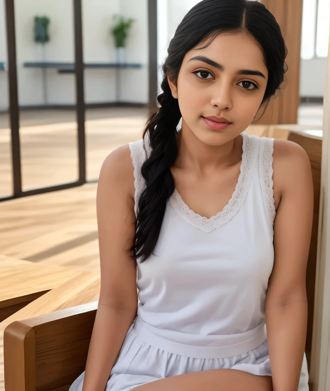 create a most beautiful girl image . Wearing white princess dress. also wearing white pearl necklace. there is black bindi on forehead. preety good white eyes, long black hair. she is standing and blushing. she is smiling.