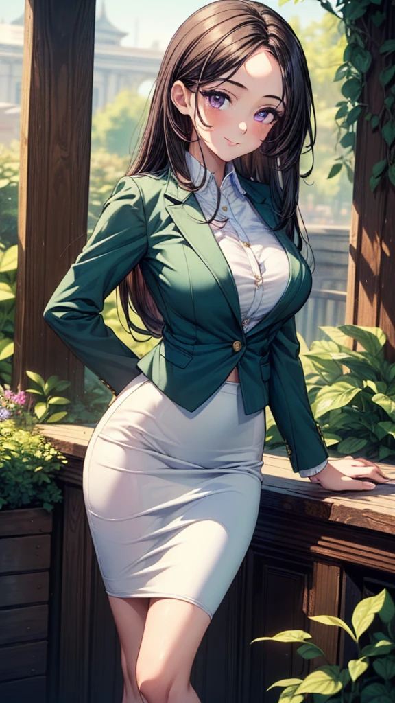 (ultra-detailed, highres, photorealistic:1.37), black-haired young girl, green, beautiful detailed eyes, gentle smile, temple surroundings, school uniform, stunning appearance, beautiful curves, large breasts and buttocks