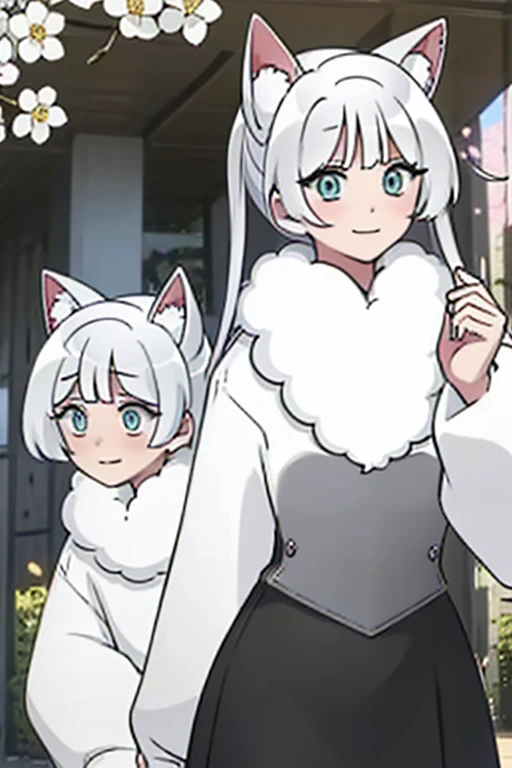 Perfect face. Perfect hands. A young white haired woman with green eyes with white wolf ears and a white wolf tail and an hourglass figure wearing a cool leather dress and a leather jacket blushing while posing underneath a cherry blossom with a big smile