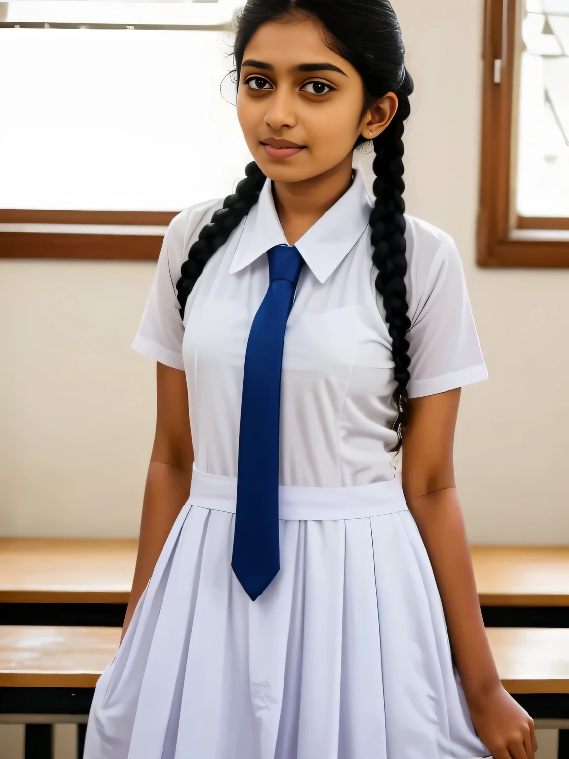 Srilankan school girl , wearing white clothes and white frock and tie ,in the classroom, frock with pockets , wearing white vest camisole as a undergarment , see through 