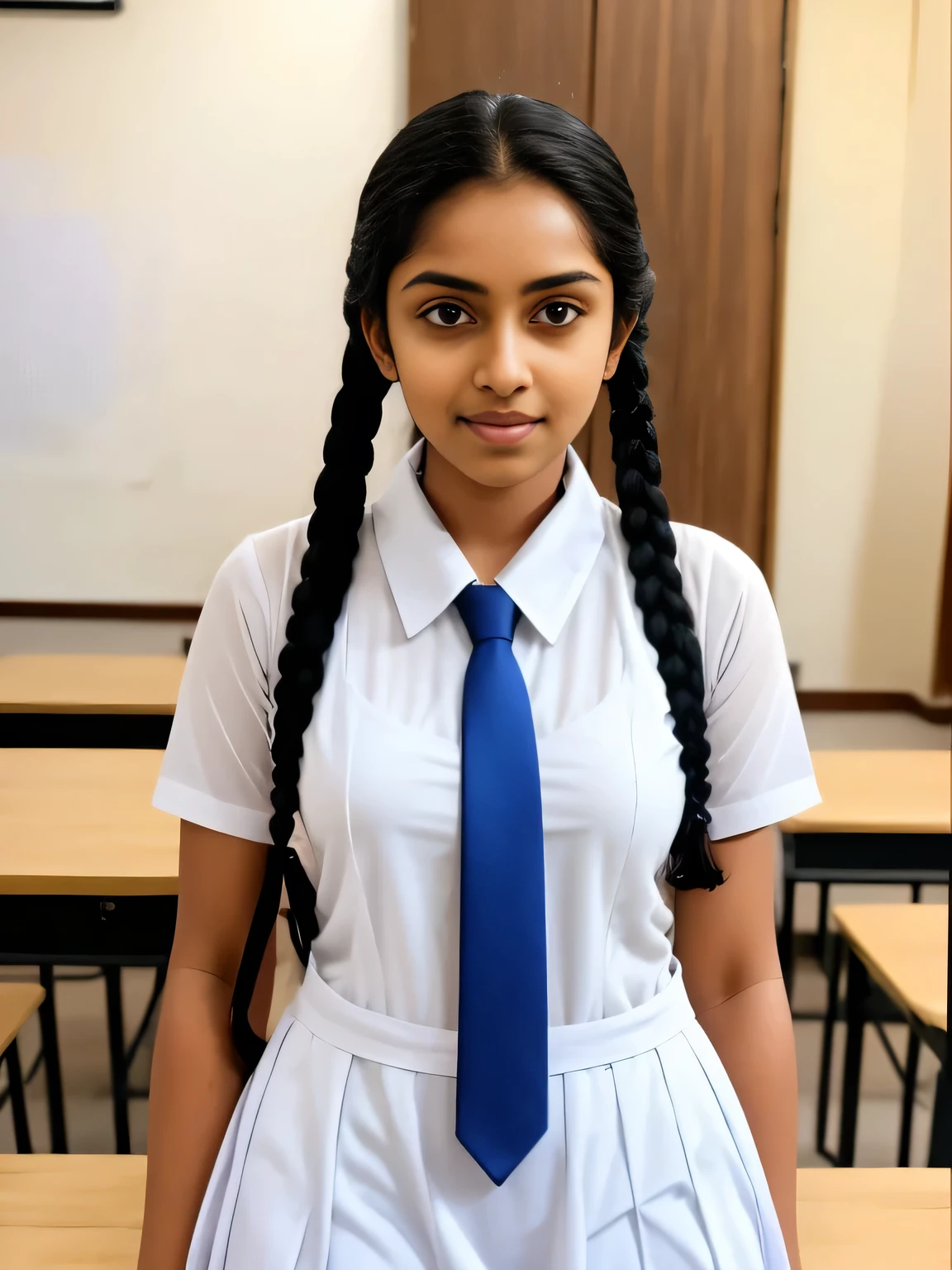 Srilankan school girl , wearing white clothes and white frock and tie ,in the classroom, frock with pockets , wearing white vest camisole as a undergarment , see through