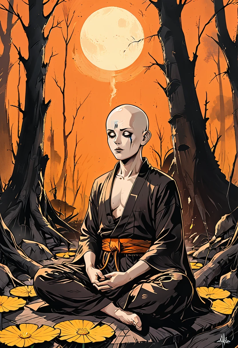 ((((profile angele)))),(((open mouth))), lotus pose, ((profile portrait )) blind Buddhist monk sitting  in a lotus pose in dead forest, forest after a fire, black dead trees, no leaves, round face, white eyes, no eyebrows, no hair, bald, paw-eared, round cheeks, narrow lips, man, white sclera eyes, Whitewash Eyes, ((orange Kashaya)), graphic style of novel comics, perfect hands, 2d, 8k, hyperrealism, masterpiece, high resolution, best quality, ultra-detailed, super realistic, Hyperrealistic art, high-quality, ultra high res, highest detailed, lot of details, Extremely high-resolution details, incredibly lifelike, colourful, soft cinematic light,