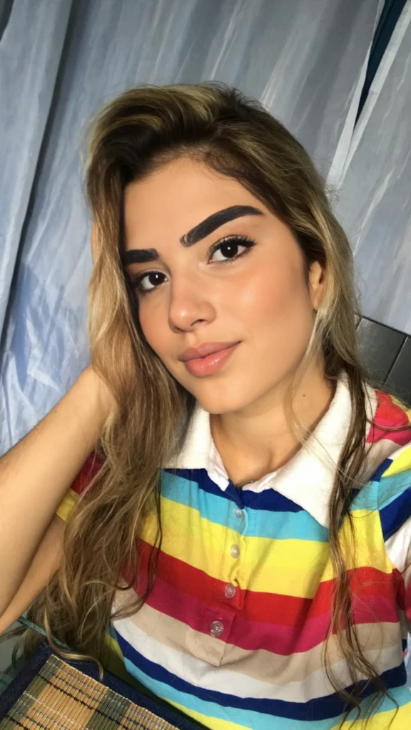 um close up de uma mulher com cabelo comprido e uma camiseta, morena com cabelos loiros tingidos, cabelos longos loiros escuros, cabelos longos ondulados castanhos claros, cabelos loiros escuros, cabelos longos, em um quarto, with several flower paintings,