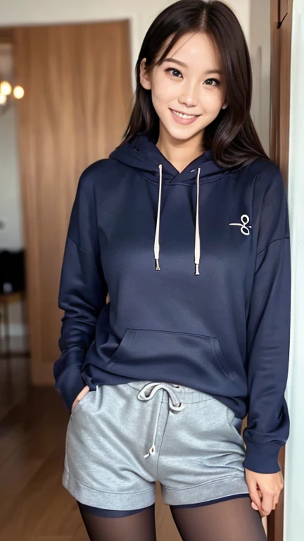 1girl, 独奏, (wearing pantyhose,realistic pantyhose)、(Slender line:1.4), Slender, Wearing navy  and white oversized hoodie, house wear, short pants, Versatile poses, 2 female,  Height: 155cm, whole foot、laughter、 details face, beautiful detailed eyes,  indoor, 1k apartment, in the room, (detailed background:1.2), exposed thighs!!!、A sloppy smile with teeth、Watch Viewer、masterpiece, 8k, Highest quality, Anatomically correct, 