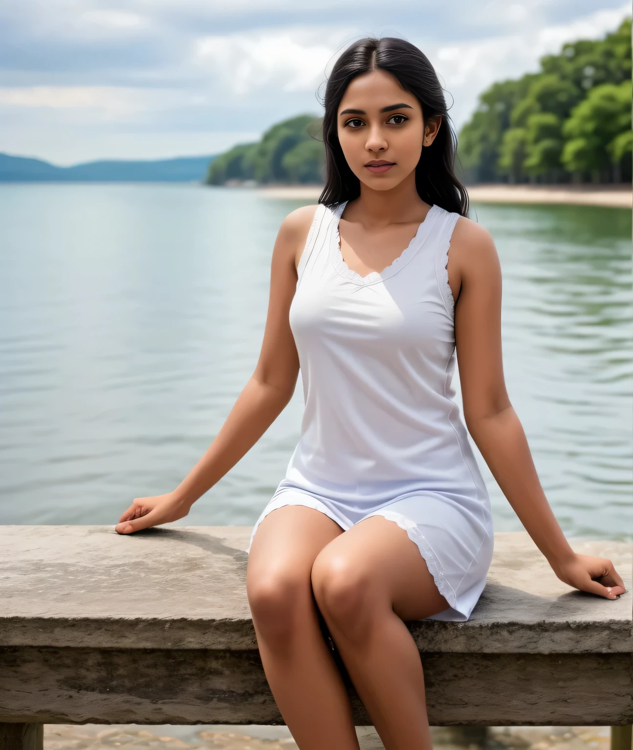 Raw photo , 1 girl  ,wearing white vest and white short, full body, teen ((brown skin)) girl, professional photographer, (hdr:1.4), masterpiece, ultra-realistic 8k, perfect artwork, intricate details, cute face, award winning photograph, (Best quality, 8k, 32k, Masterpiece, UHD:1.3) 