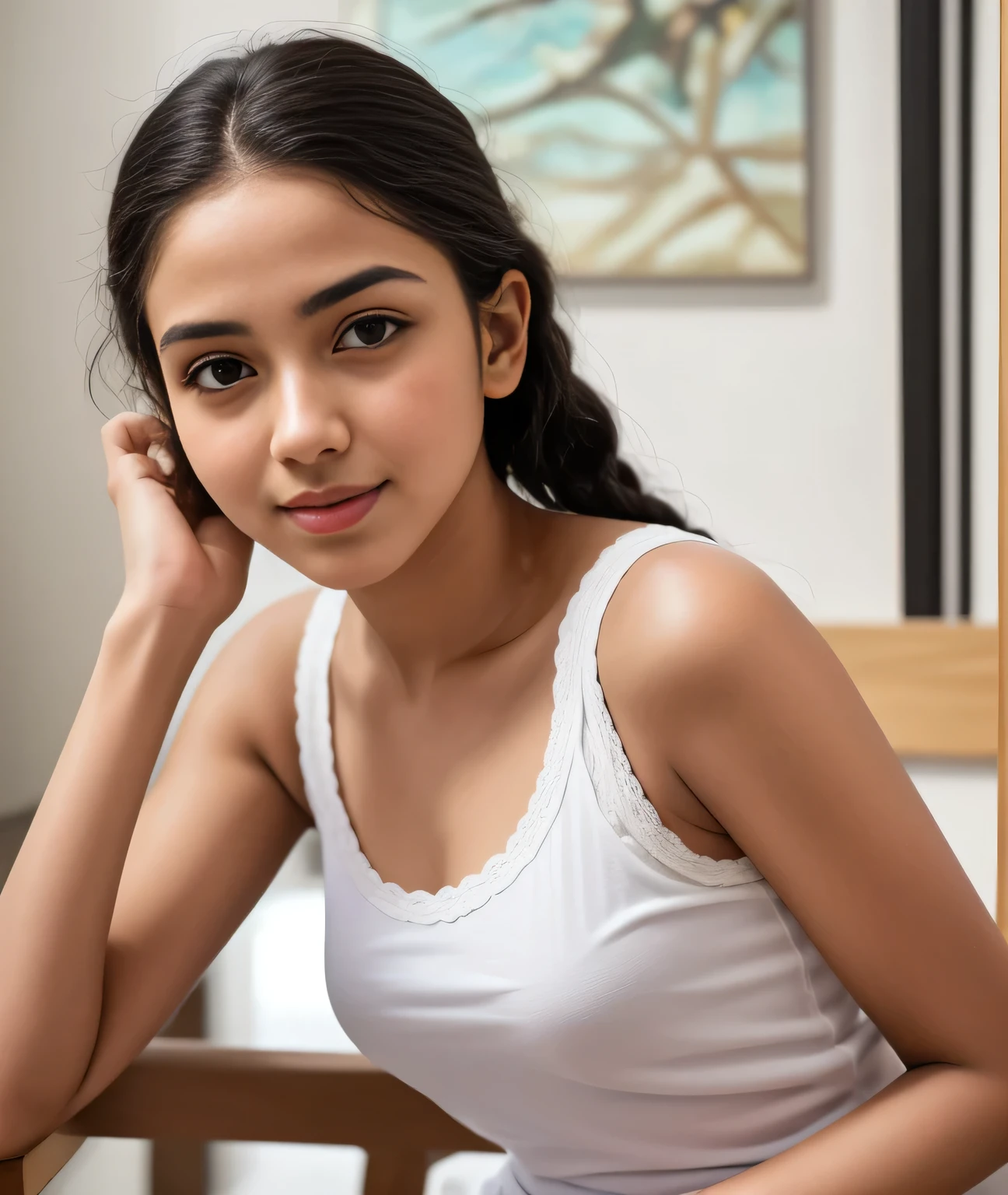 Raw photo , 1 girl  ,wearing white vest and white short, full body, teen ((brown skin)) girl, professional photographer, (hdr:1.4), masterpiece, ultra-realistic 8k, perfect artwork, intricate details, cute face, award winning photograph, (Best quality, 8k, 32k, Masterpiece, UHD:1.3) 