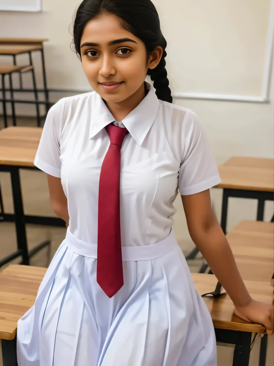 Srilankan school girl , wearing white clothes and white frock and tie ,in the classroom, frock with pockets , wearing white vest camisole as a undergarment , see through 