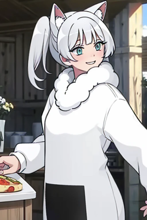 Perfect face. Perfect hands. A young white haired woman with green eyes with white wolf ears and a white wolf tail and an hourglass figure wearing a cool leather dress and a leather jacket blushing while making lunch in a kitchen with a big smile