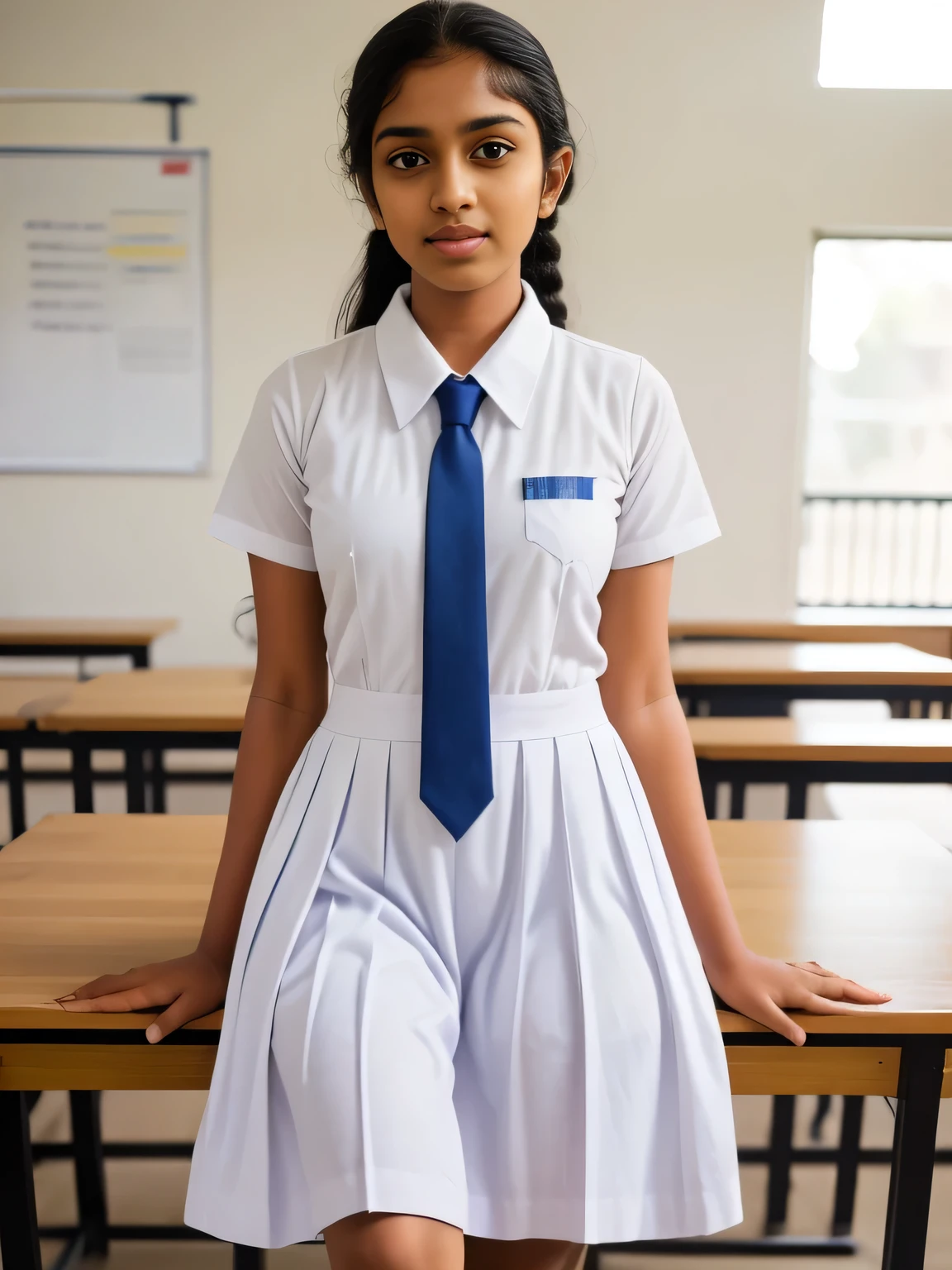 Srilankan school girl , wearing white clothes and white frock and tie ,in the classroom, frock with pockets 