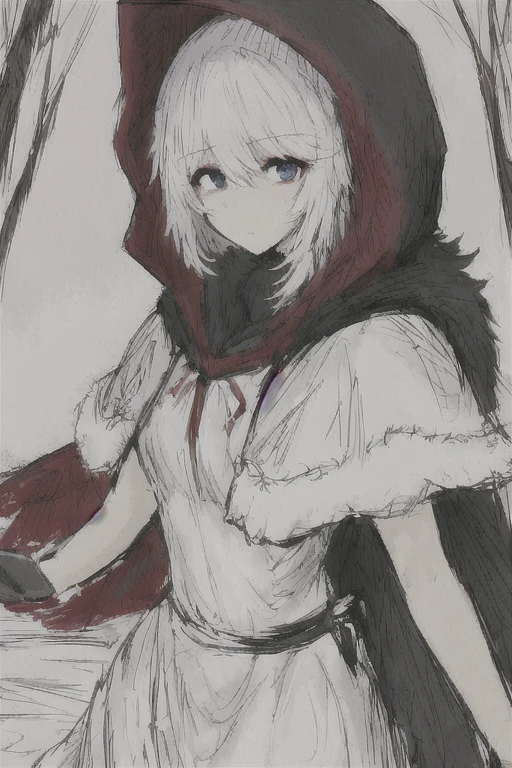 masterpiece, Best Quality, black souls,  Sketch, Red hood (black souls), 1 girl, adolescent, Alone, (Animal hood:0.75), arm at the side, black tie, by rubio, short hair, blue eyes, expressionless,  White dress,fur trimmed dress, fur trimmed cape, red cape,hood with fur trim, Red hood,hood up,  leg strap,thighs, white thighs,The Great Passage,  Upper part of the body,  forest background, , AKM, kalashnikov_rifle, assault_rifle, tenure_pistol, aim, 