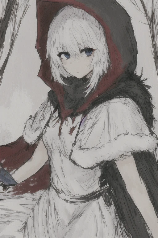 masterpiece, Best Quality, black souls,  Sketch, Red hood (black souls), 1 girl, adolescent, Alone, (Animal hood:0.75), arm at the side, black tie, by rubio, short hair, blue eyes, expressionless,  White dress,fur trimmed dress, fur trimmed cape, red cape,hood with fur trim, Red hood,hood up,  leg strap,thighs, white thighs,The Great Passage,  Upper part of the body,  forest background, , AKM, kalashnikov_rifle, assault_rifle, tenure_pistol, aim, 