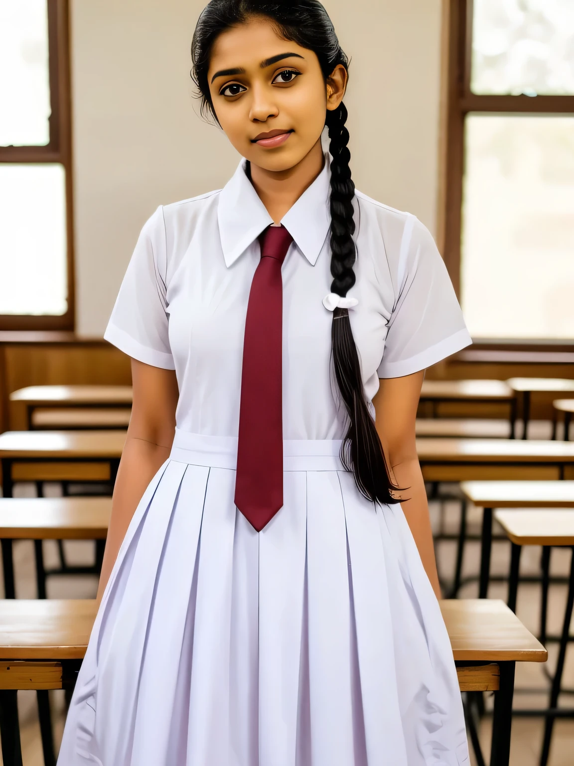 Srilankan school girl , wearing white clothes and white frock and tie ,in the classroom, frock with pockets 