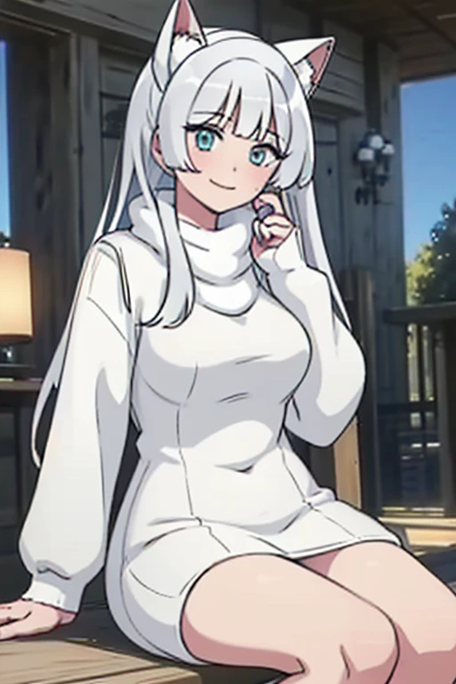 Perfect face. Perfect hands. A young white haired woman with green eyes with white wolf ears and a white wolf tail and an hourglass figure wearing a cool leather dress and a leather jacket blushing while sitting on a porch with a big smile