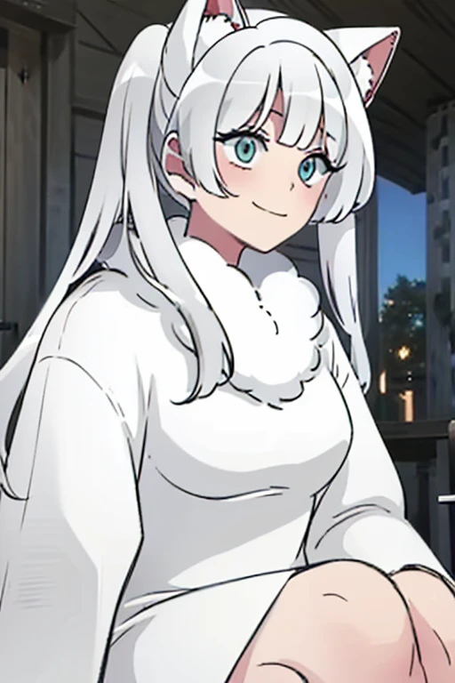 Perfect face. Perfect hands. A young white haired woman with green eyes with white wolf ears and a white wolf tail and an hourglass figure wearing a cool leather dress and a leather jacket blushing while sitting on a porch with a big smile