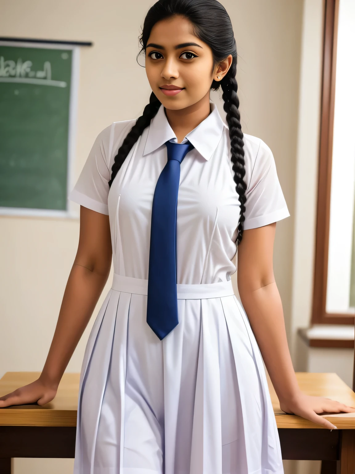 Srilankan school girl , wearing white clothes and white frock and tie ,in the classroom, frock with pockets , wearing white vest camisole as a undergarment , see through 