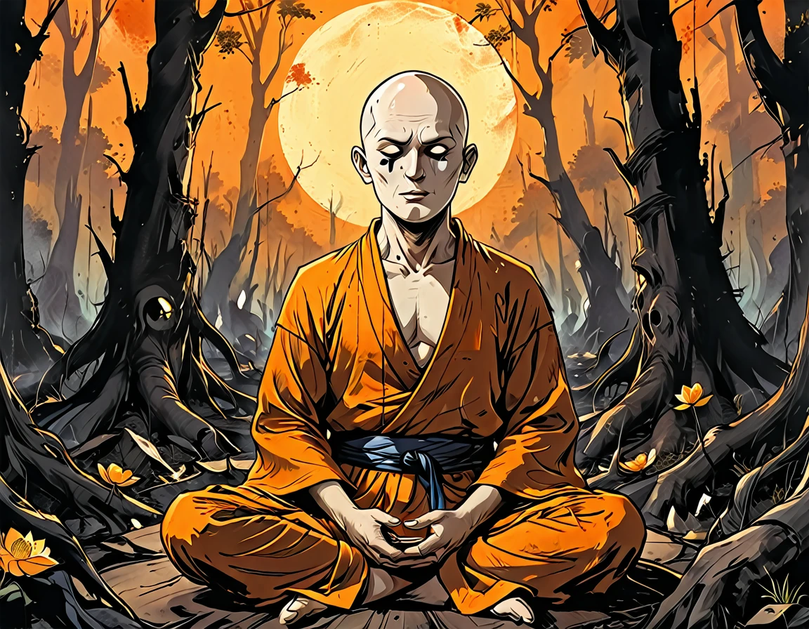 ((((profile angele man)))),(((open mouth))), lotus pose, ((profile portrait man)) blind Buddhist monk sitting  in a lotus pose in dead forest, forest after a fire, black dead trees, no leaves, round face, white eyes, no eyebrows, no hair, bald, paw-eared, round cheeks, narrow lips, man, white sclera eyes, Whitewash Eyes, ((orange Kashaya)), graphic style of novel comics, perfect hands, 2d, 8k, hyperrealism, masterpiece, high resolution, best quality, ultra-detailed, super realistic, Hyperrealistic art, high-quality, ultra high res, highest detailed, lot of details, Extremely high-resolution details, incredibly lifelike, colourful, soft cinematic light,