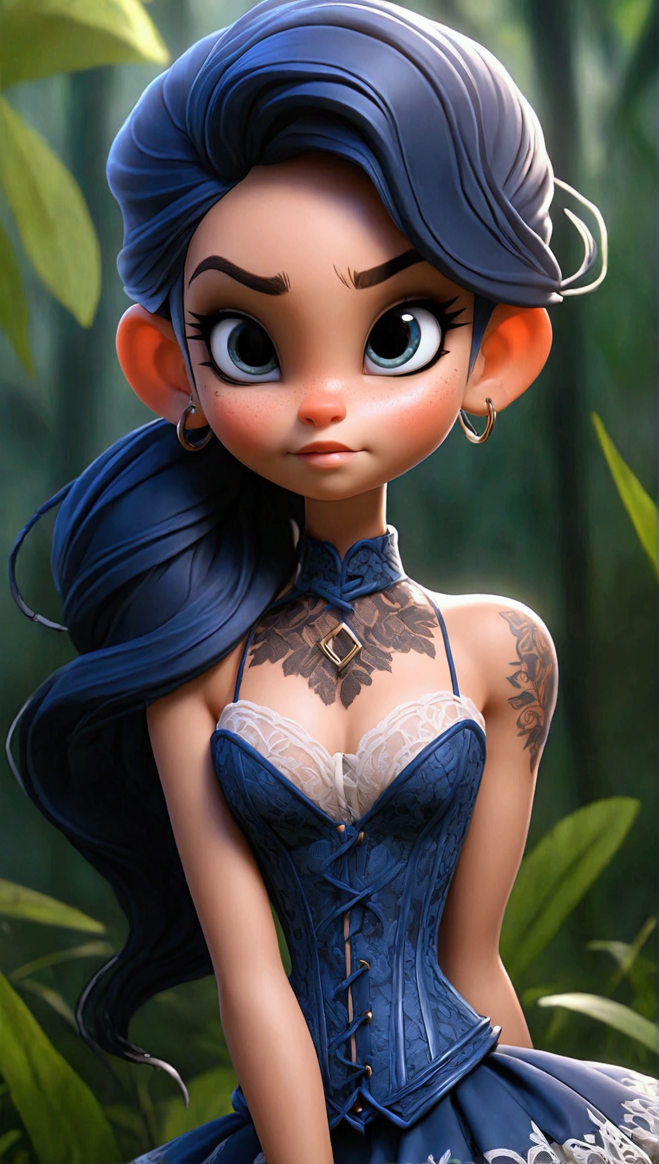 full body view, of the child girl, pony tail, cute, petite, lace transparentdark blue corset, lace transparent sexy stockung with pattern, sexy pose, masterpiece, best quality, 8k, detailed skin texture, detailed cloth texture, beautiful detailed face, intricate details, ultra detailed, in jungle