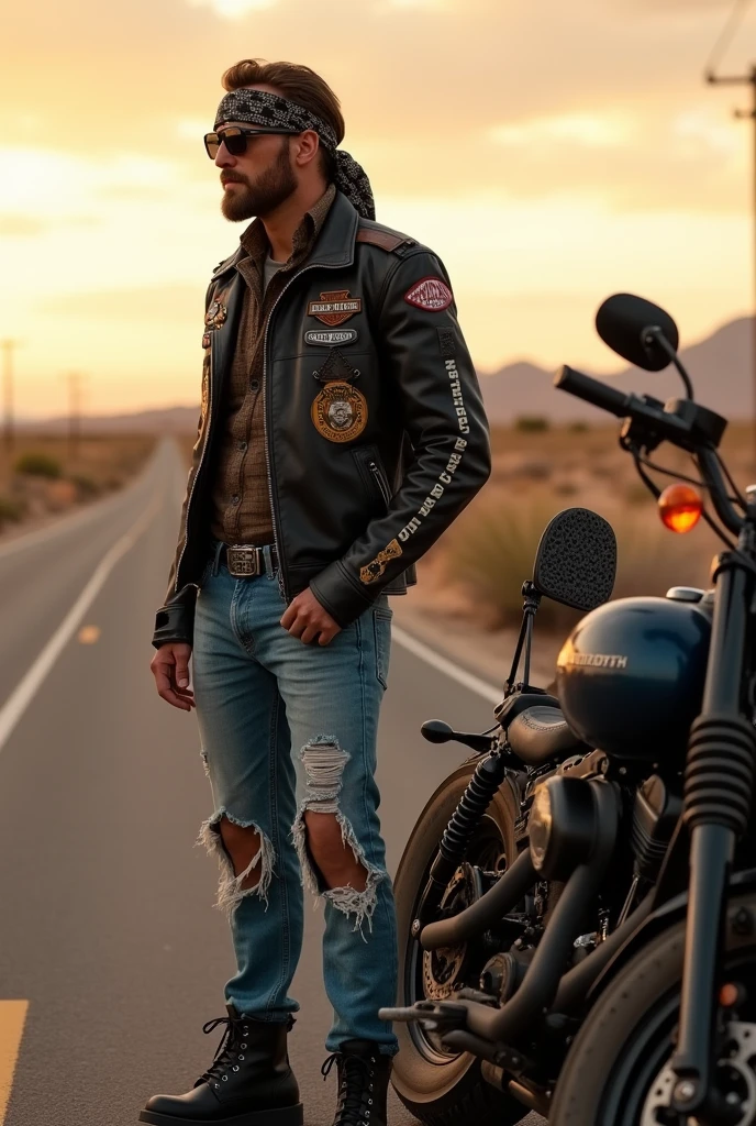 Profile:1.5, with a tough biker headscarf, Black leather cheek pad with patches of famous routes, jeans pants, blue worn and torn frayed, black leather boots, Sunglasses, standing next to a harley davidson motorcycle, route 66, desert,  sunset on the road, cinematic lighting, like a movie, HD, 32K