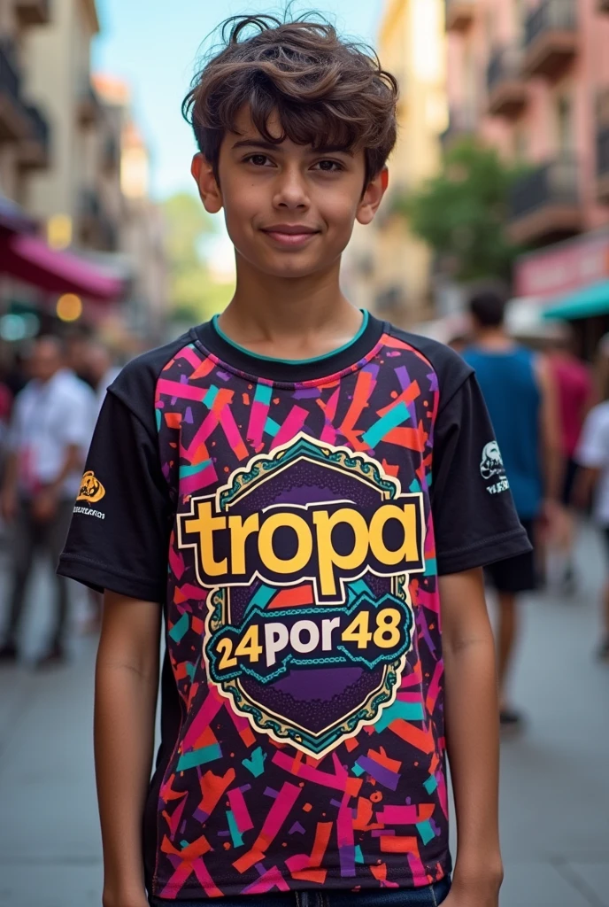 A long-sleeved T-shirt with a white base color and adding the Lime Green color, Bubblegum Pink and Purple that says Tinku Khunpa small on the right side and that have things that represent Bolivia