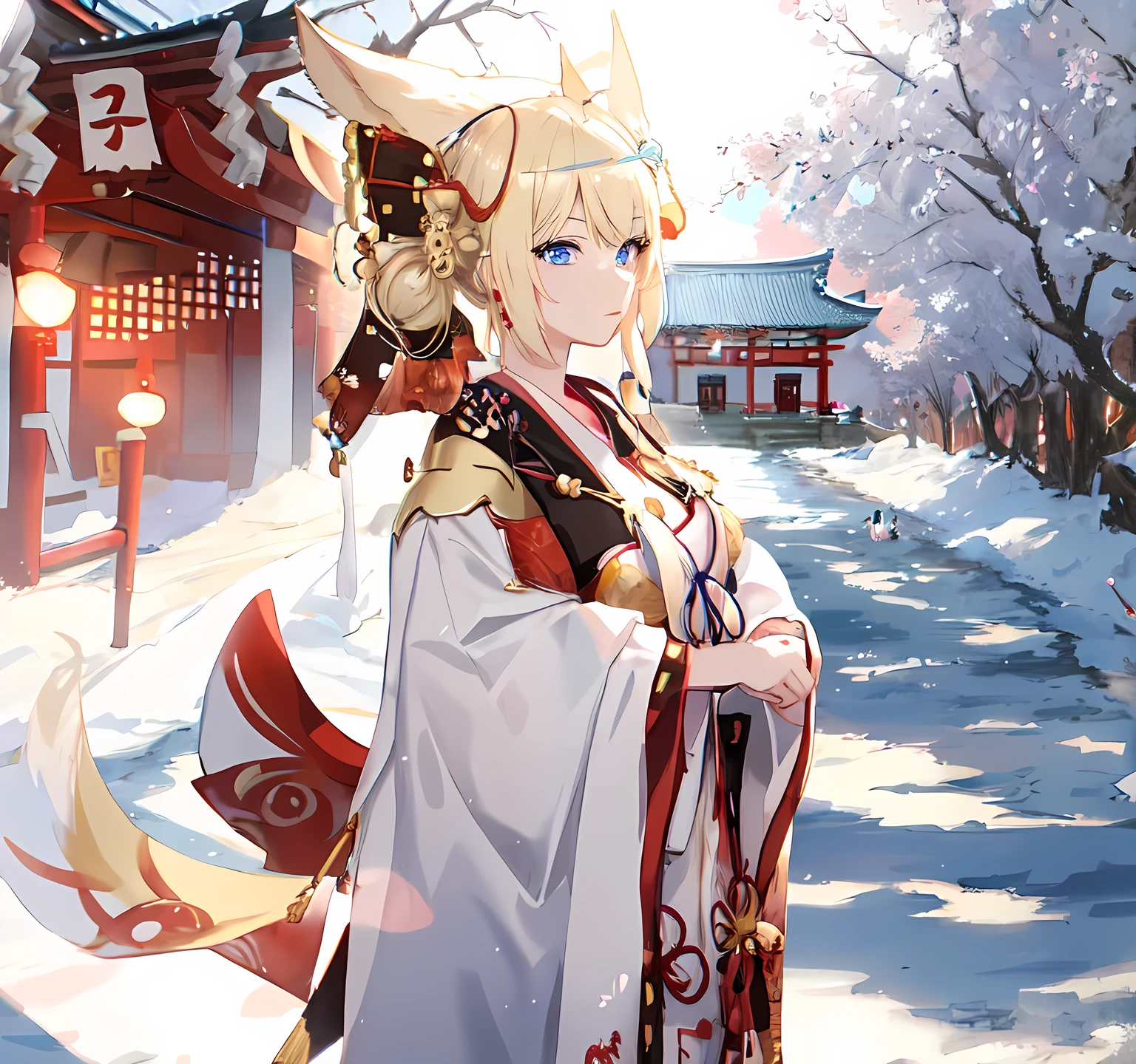 blonde anime girl dressed in traditional japanese dress standing in front of a Shrine, blue eyes, have a cute brown dog ears, in a white kimono, ((wearing aristocrat robe)), kitsune inspired armor, hanayamata, small curvy , genshin, onmyoji, wearing aristocrat robe, anime moe artstyle, vrchat, 8k, render of april, realistic anime 3 d style,