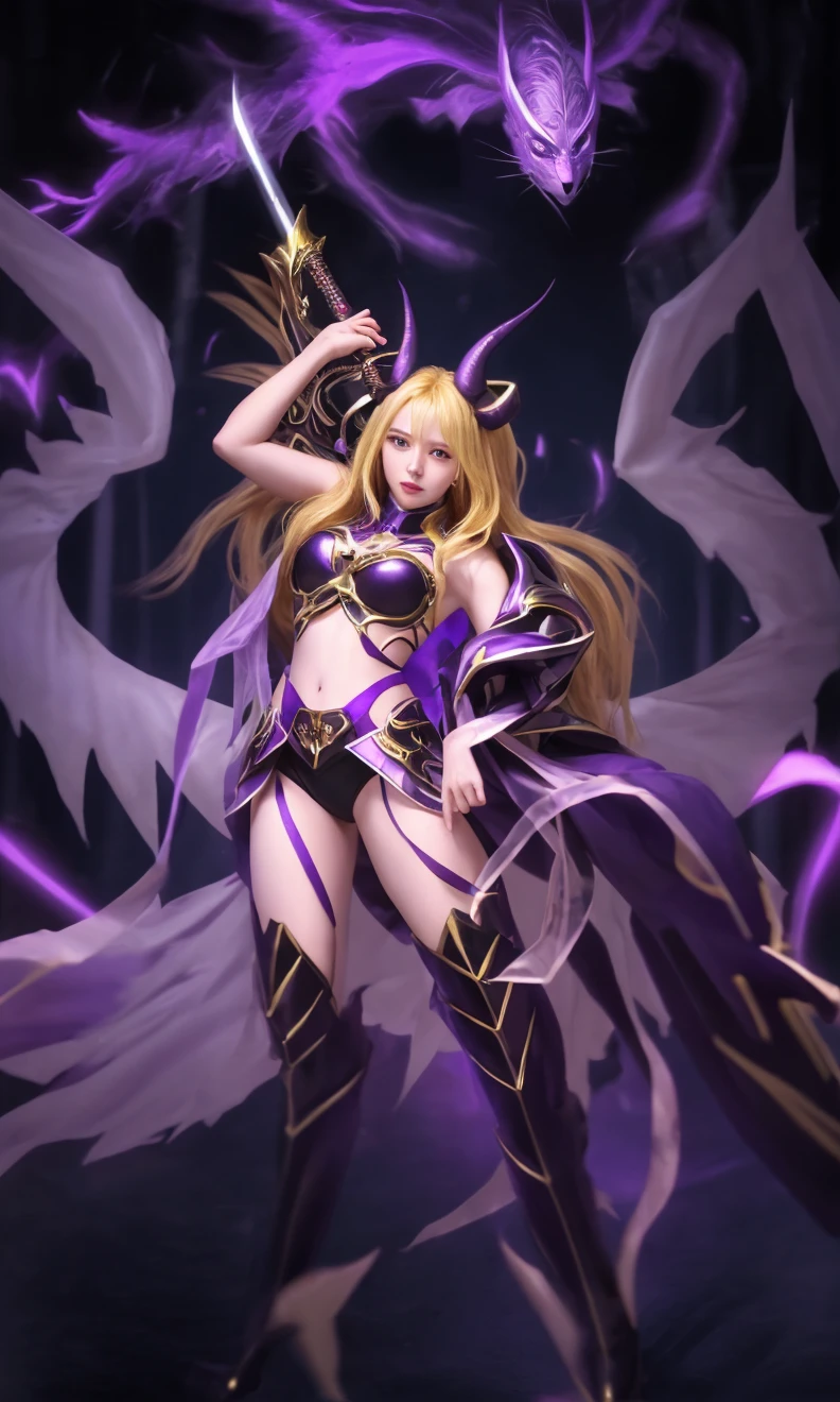 a woman dressed in purple holding a sword and shield, beautiful together, hermosa y elegante reina demonio, por Yang J., xianxia de cuerpo completo, vista completa de la hechicera oscura, together in tight short dress, together, Arte detallado de alta calidad 8k, bailarina demoniaca oscura, extremely detailed artistic germ, obra maestra diosa del dolor