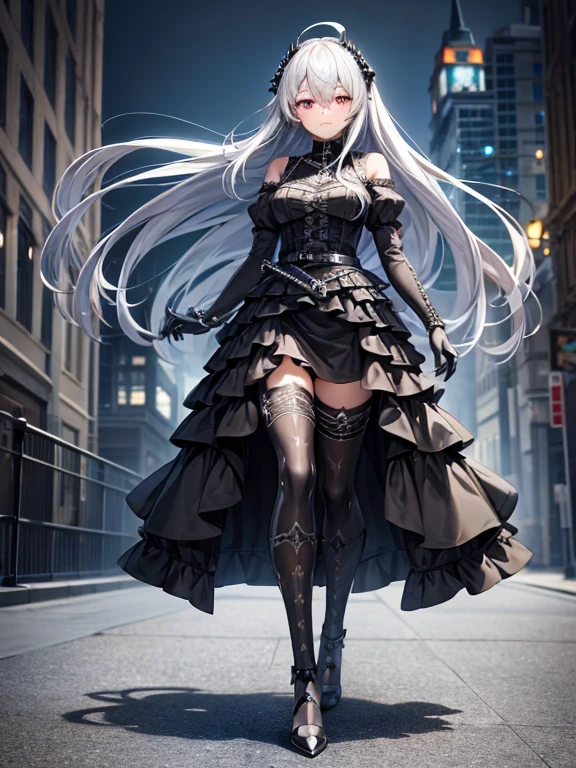 ((best quality)), ((masterpiece)), (detailed), 1 girl, full body, 18 years old, depressed face, silver eyes, arms outstretched, arms behind waist, Metal covering her eyes., Gray hood with zipper, blushing, silver hair, straight hair, bangs, lock of hair covering her eye, full body, medium breasts, slim body, metal spikes, gray bracelets, long black gloves with spikes, gray gothic lolita dress, gray dress with metal spikes, puff sleeve, brooch on chest, somewhat tight, black ribbon, metal legs, black pantyhose, black boots, walking through the city, metal coming out of the road, city background, anime