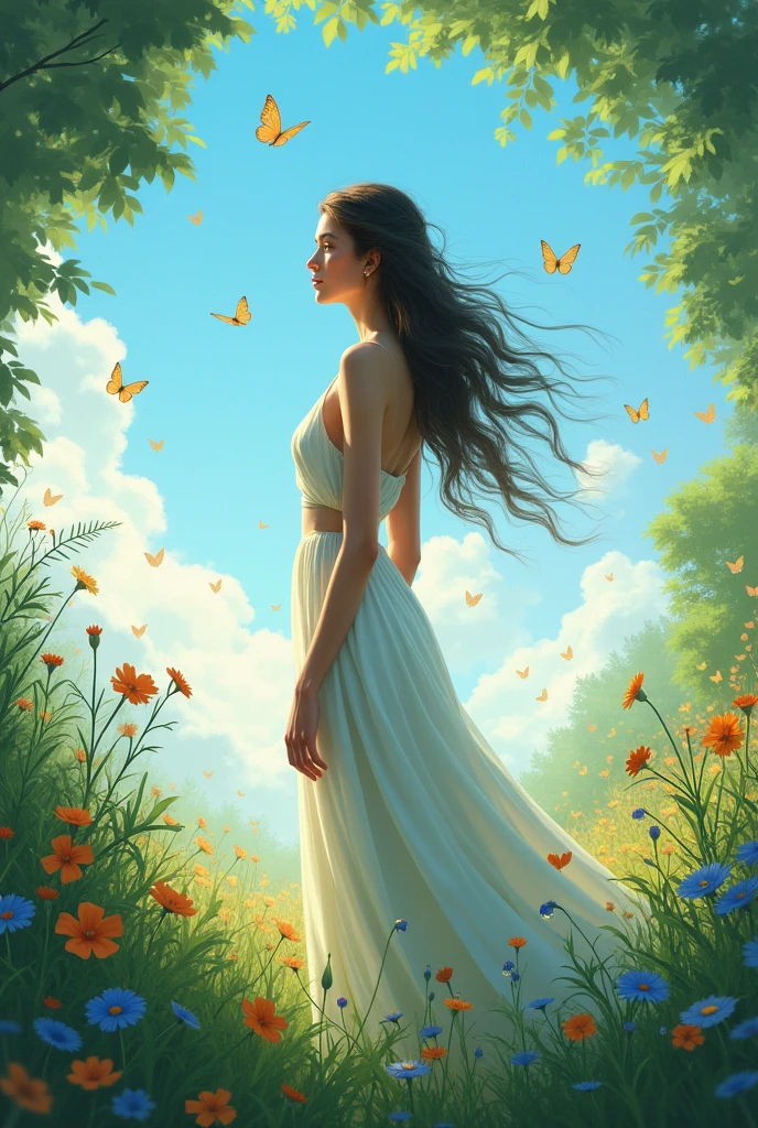 (best quality,4k,8k,highres,masterpiece:1.2),ultra-detailed,(realistic,photorealistic,photo-realistic:1.37),beautiful girl,gazing at the sunrise,sun rising in the east,enchanting warm dawn,golden-pink hues,freshness and transparency,illustration,dreamy scene,serene garden,soft morning light,blooming flowers,whispering gentle breeze,peaceful atmosphere,morning dew on green grass,sparkling water droplets,clear blue sky,birds singing in harmony,colorful butterflies dancing around,the girl's captivating eyes, long eyelashes,and flawless complexion,flowing golden wavy hair,fresh morning makeup,with rosy lips and bright smile,feminine floral dress,graceful posture,strolling among the blooming roses,twinkling sunlight filtering through the leaves,creating beautiful patterns of shadows,distant mountains painted with pastel colors,soothing sounds of nature,capturing the beauty of a new day,portraying the magic of sunrise in an exquisite painting