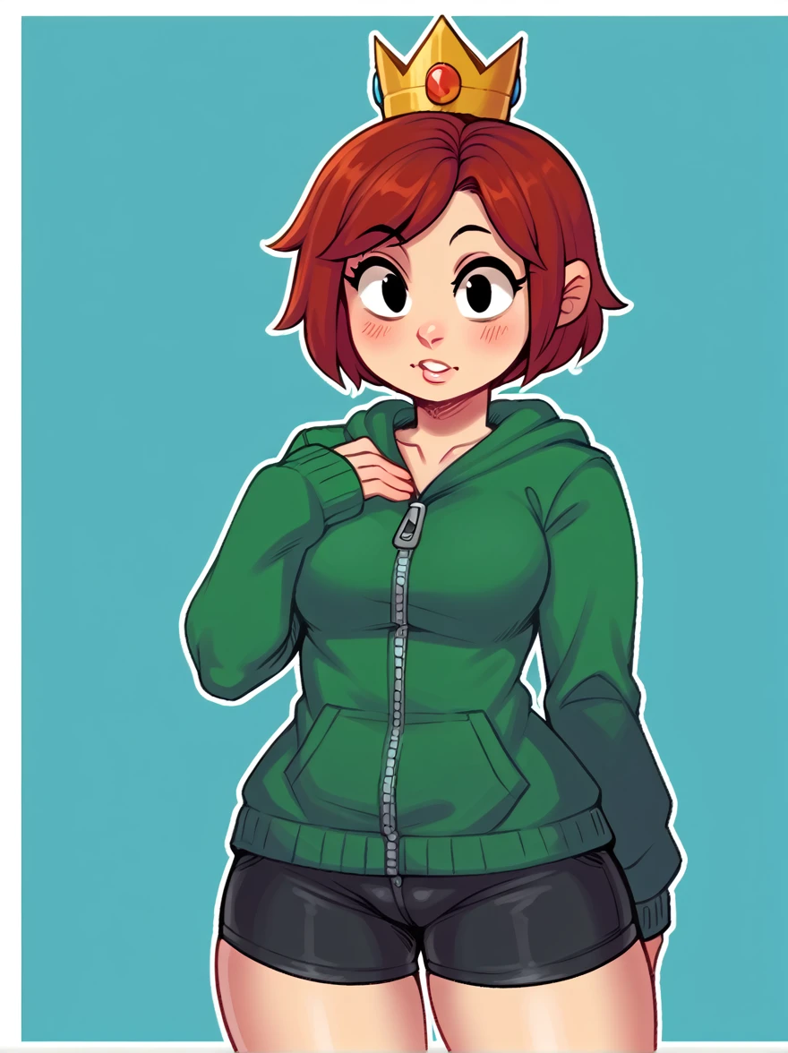 score_9, score_8_up, score_7_up, score_6_up, score_5_up, score_4_up, djc0mps,  adventure time, 1girl, curvy, black pupils, curvy, Enti, Short Hair, Red Hair, Green Hoodie, zipper, black shorts, portrait, crown, blue background, white outline