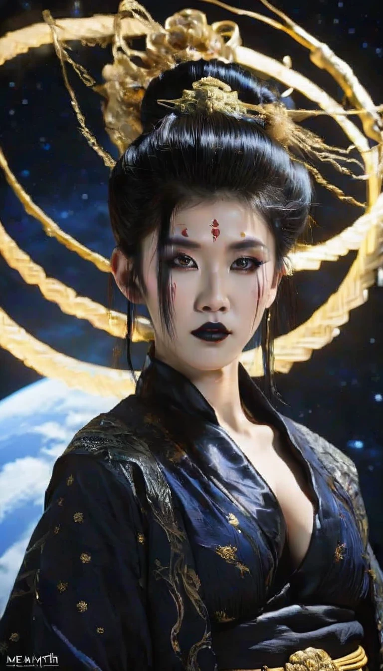 Si Mei, Black Myth, Black Myth Wukong,   black hair, facial mark, single hair bun, hair bun,   forehead mark, hair ornament, makeup, black lips, score_9, score_8_up, score_7_up, score_6_up,, looking at you, big breasts, upper body, night sky, outer space