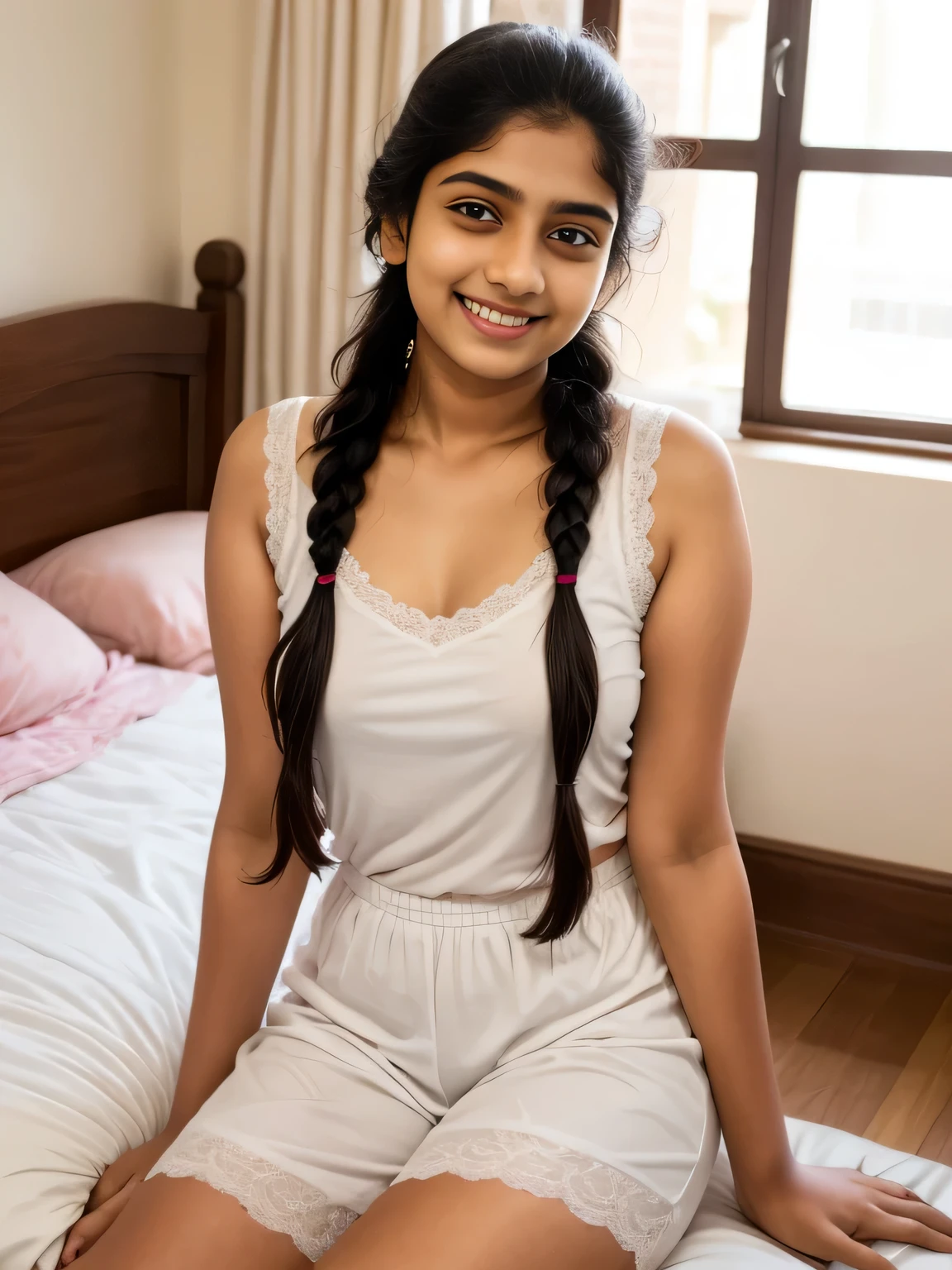 (Best quality )'s old bful srilankan girl ,hot sitting poses, simple 
short gown, legs are visible. The black hair is braided in two parts , short body and legs,A friendly smile, 