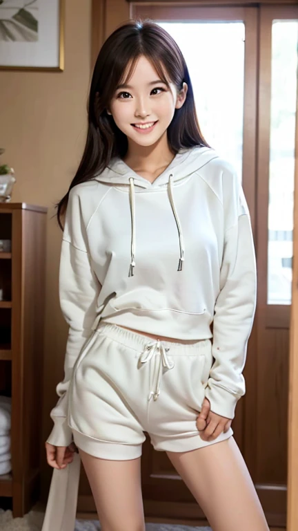 1girl, 独奏, (no makeup:1.5)、(Slender line:1.4), Slender, Wearing navy  and white oversized hoodie, house wear, short pants, Versatile poses, 2 female,  Height: 155cm, whole foot、laughter、 details face, beautiful detailed eyes,  indoor, 1k apartment, in the room, (detailed background:1.2), exposed thighs!!!、A sloppy smile with teeth、Watch Viewer、masterpiece, 8k, Highest quality, Anatomically correct, sitting floor against the wall , knees to chest, hugging owns legs, 