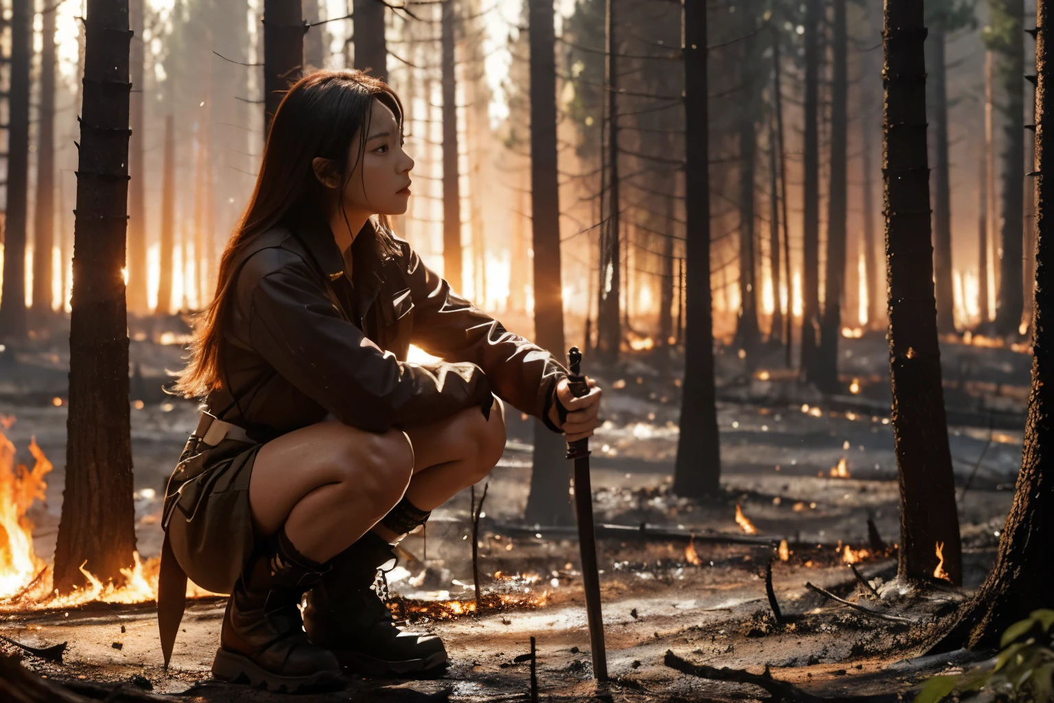 A female swordsman squats on the forest dirt floor，Surrounded by burned trees and flames，Forest fires，doomsday scenario，movie plot，warm color，movie style，HD，