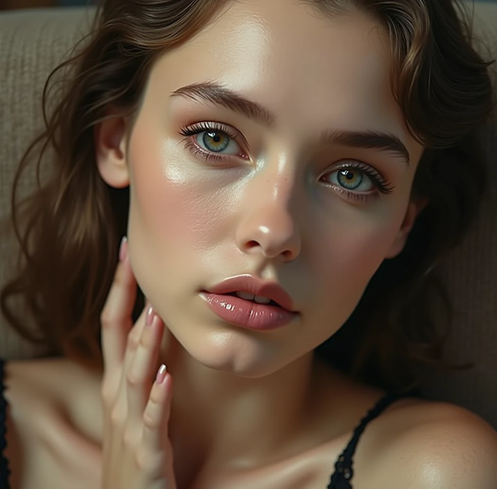 (photo realism 1.2) Beautiful, very realistic woman with fine features and a square jaw. Highly detailed dark green eyes and shoulder-length light brown hair. with a slightly sagging medium-sized chest that is very detailed