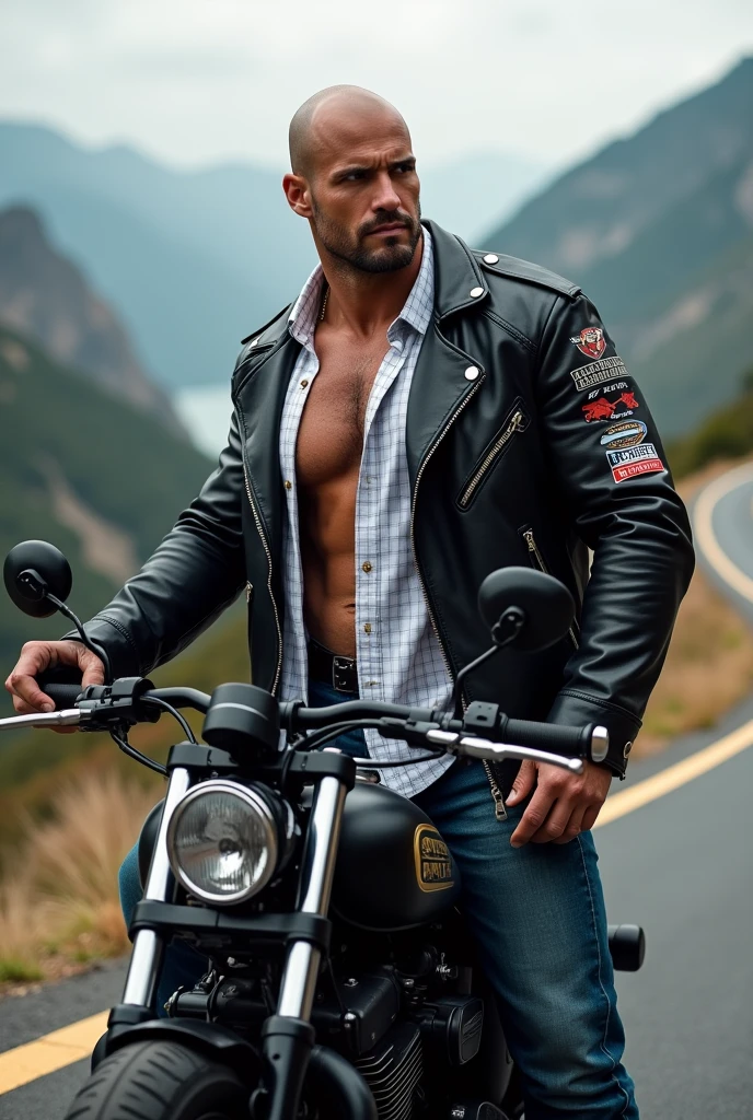 (photorealistic), masterpiece:1.5, beautiful lighting, best quality, beautiful lighting, realistic, real image, intricate details, everything in razor sharp focus, perfect focus, male focus, perfect face, extremely handsome, extremely muscular, Photograph, masterwork, meticulous nuances, supreme resolution, 32K, ultra-defined, extremely shallow depth of field, RAW Photo, Highest Quality, Realistic, Intricate Detail, Masculine. Generate a dynamic and perfect image of a handsome arab man, 20 yo, very muscular, with striking blue eyes, short black hair, and parted lips, exuding confidence in a stylish leather jacket, (tight and short leather thong):1.5, and fashionable footwear. Envision him riding a motorcycle on a scenic road. Request meticulous attention to detail for him attire, expression, and the overall scene, aiming for a photorealistic masterpiece capturing the essence of a fearless and fashionable man enjoying a ride. voluptuous chest, large and muscular arms and legs, voluptuous butt, sexy, topless