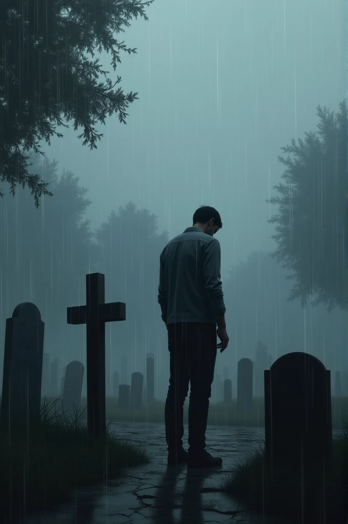 A sad man from behind in a cemetery in front of his friend' - SeaArt AI
