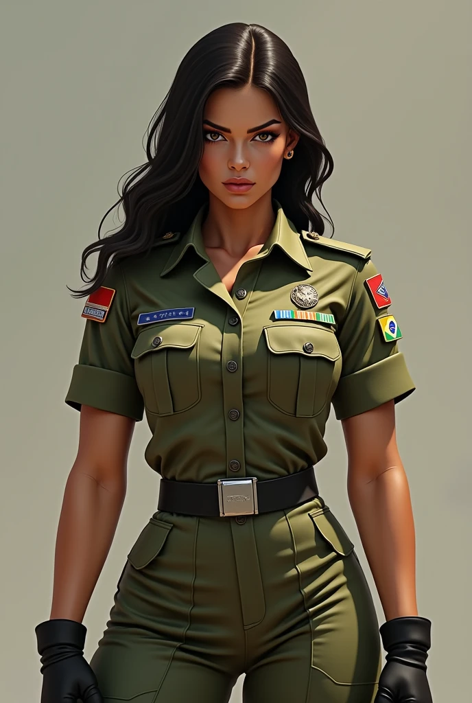 (photorealism:1.2), beautiful woman, standing, wearing soldier uniform, Indonesian flag, long curly hair, indoors, soft lighting, plants in background, window with sunlight, cozy room, relaxed pose, realistic, intricate details, warm colors, by Greg Rutkowski, by Alphonse Mucha