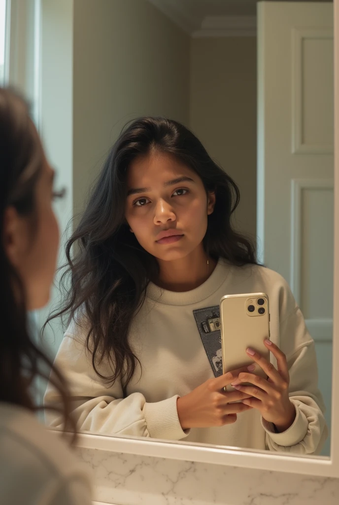 beautiful teenage indian girl, fair skin, blurred face, mirror selfie in a low light bed room , with a phone in hand