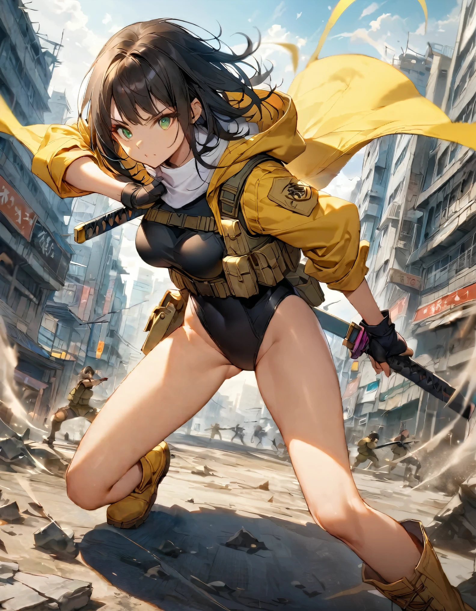 1 girl, solo, solo focus, close up shot, (black hair, medium hair, medium breasts, green eyes), ninja, perfect anatomy, city, cyberpunk style, ((load-bearing vest, belt, black gloves, (black leotard, yellow hooded jacket), bare legs, yellow combat boots, matching boots)), ((dynamic action pose)), war, ruined city, battlefield, rubble, building, (holding weapon, katana), cowboy shot, body induced with black aura, fix hands