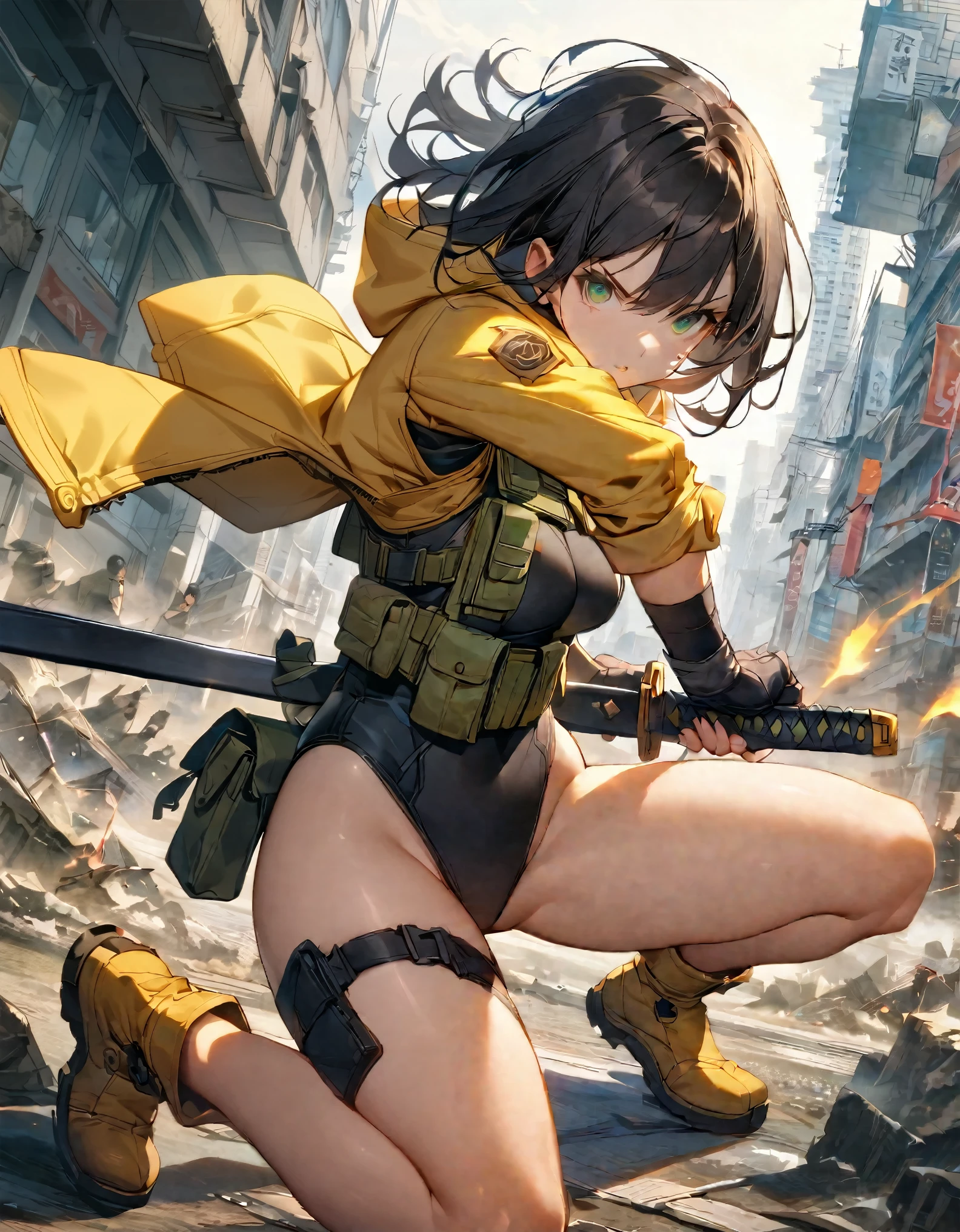 1 girl, solo, solo focus, close up shot, (black hair, medium hair, medium breasts, green eyes), ninja, perfect anatomy, city, cyberpunk style, ((load-bearing vest, belt, black gloves, (black leotard, yellow hooded jacket), bare legs, yellow combat boots, matching boots)), ((dynamic action pose)), war, ruined city, battlefield, rubble, building, (holding weapon, katana), cowboy shot, body induced with black aura, fix hands