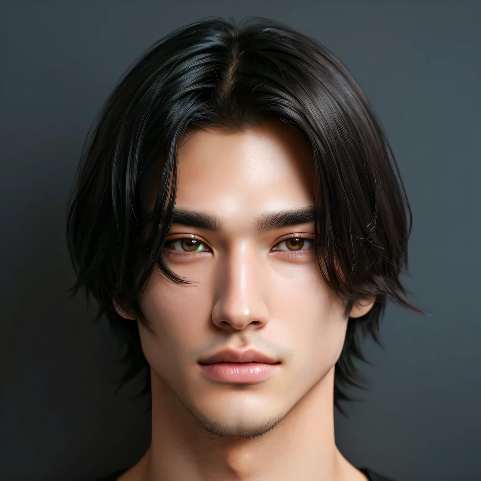 there is a handsome young man with long black hair and no shirt, the background of the image is solid and neutral, accurate ultra realistic faces, ultra realistic faces, hyper realistic faces, hyper realistic face, ultra realistic faces, ultra realistic face, anime realism style, hyper realistic faces, anime realism, realistic human face, inspired by Yanjun Cheng, Yuya Nagai, extremely realistic face