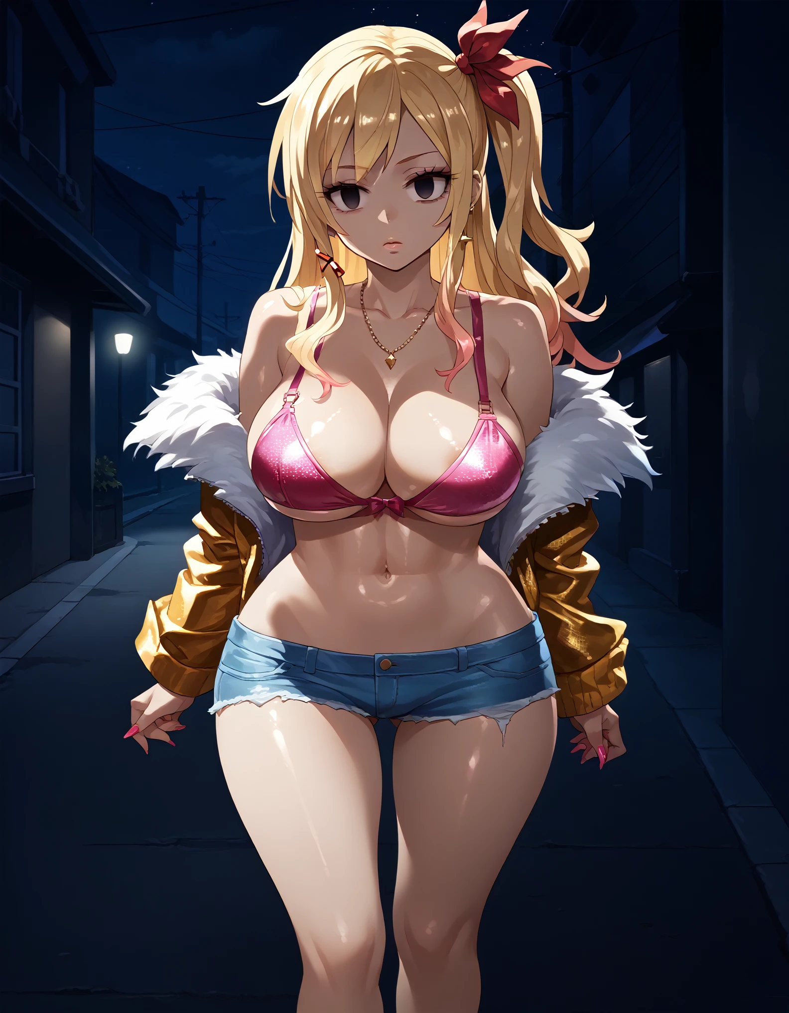 Score_9, score_8_up, score_7_up, score_6_up, source_anime, rating:general, 1girl, gyaru, slutty_clothes, aaLucy, hair ribbon, side ponytail, blonde hair, long hair, bra,large breasts,empty eyes,downtown, night, shiny skin, standing , navel, wide hips,