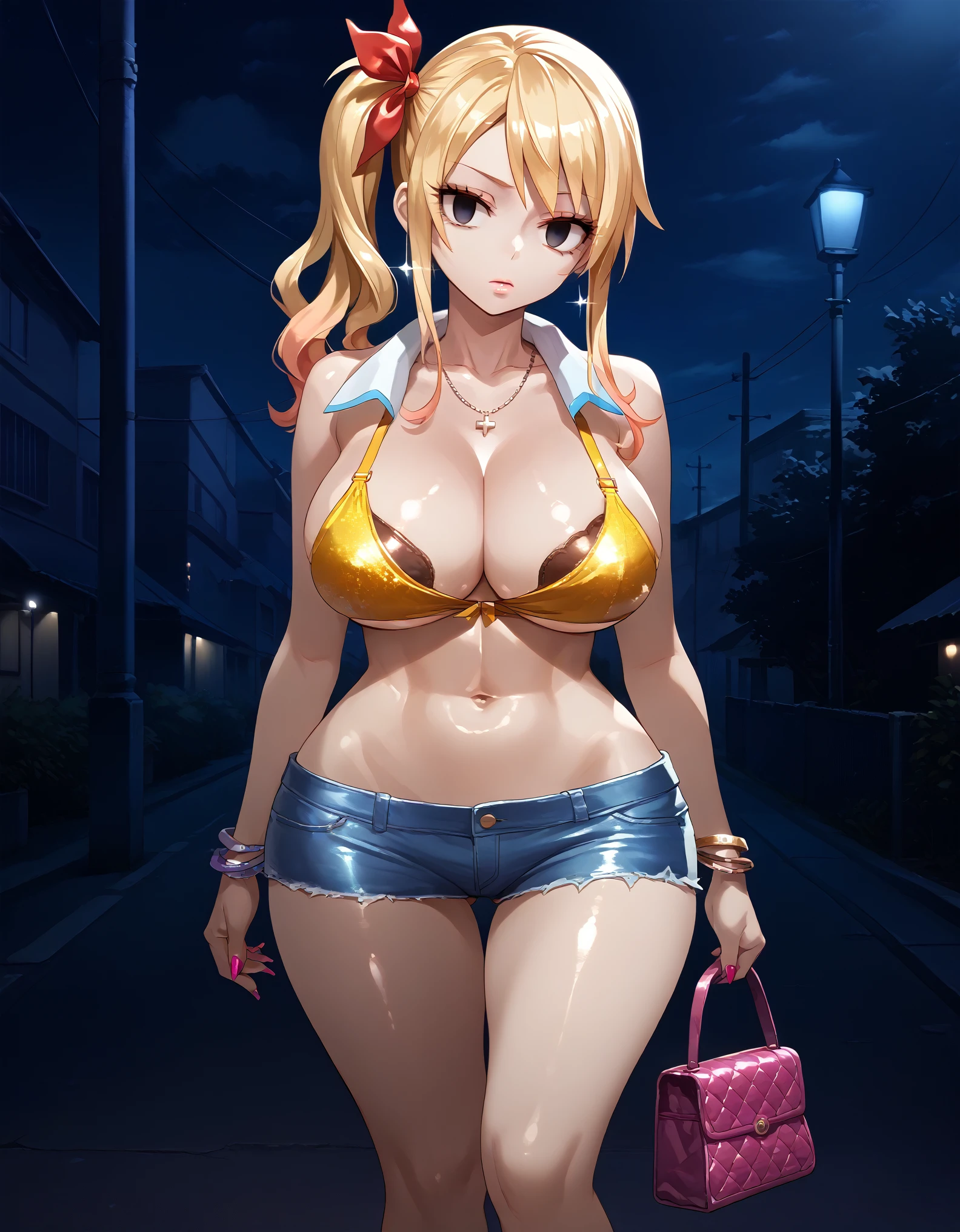 Score_9, score_8_up, score_7_up, score_6_up, source_anime, rating:general, 1girl, gyaru, slutty_clothes, aaLucy, hair ribbon, side ponytail, blonde hair, long hair, bra,large breasts,empty eyes,downtown, night, shiny skin, standing , navel, wide hips,