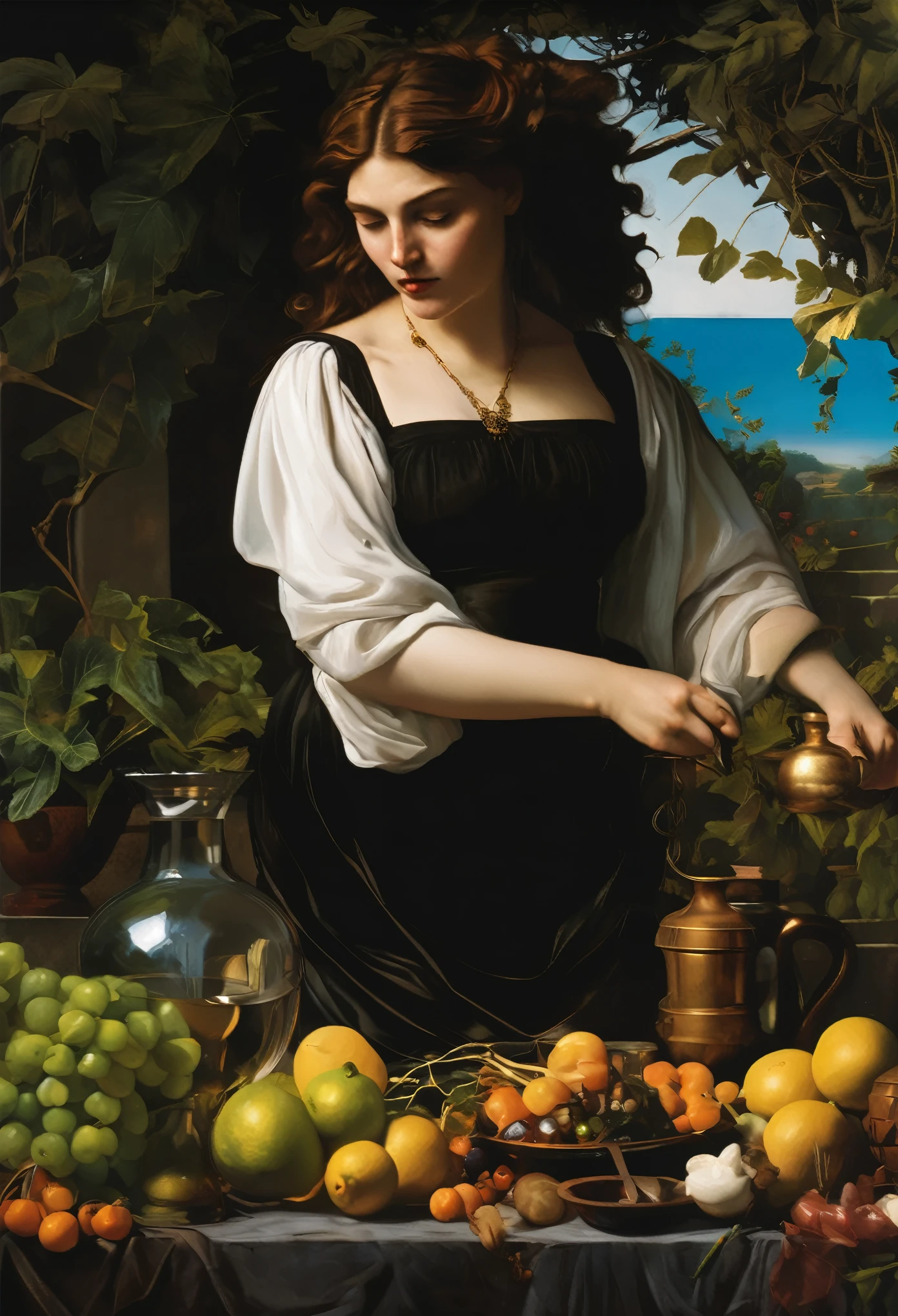 , <lora:Alphonse Mucha Style:1> Alphonse Mucha Style , in stained glass ,, A highly detailed mother in her kitchen preparing meal, window sunny day, happy, smiling,